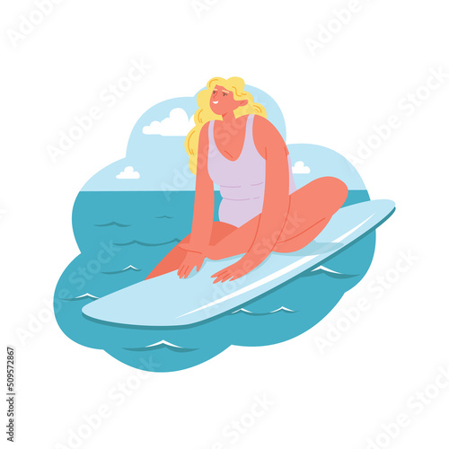 A young girl is sitting on the surfboard. Cartoon female character on the background of the sea landscape enjoys the hot summer. Flat vector illustration. All elements are isolated.