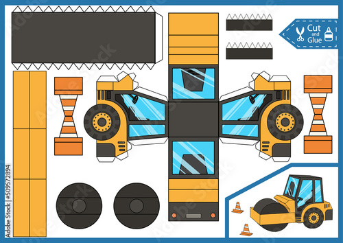 Craft game cut and glue paper toy roller truck. Create papercraft 3d construction vehicle. Activity gaming page. Birthday template worksheet. Vector printable art puzzle game. photo