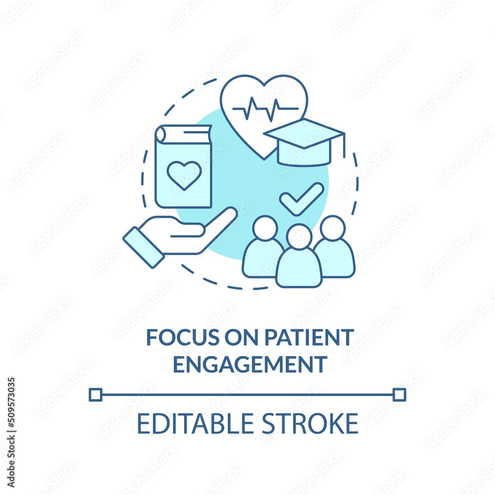 Focus on patient engagement turquoise concept icon. Healthcare system abstract idea thin line illustration. Isolated outline drawing. Editable stroke. Arial, Myriad Pro-Bold fonts used