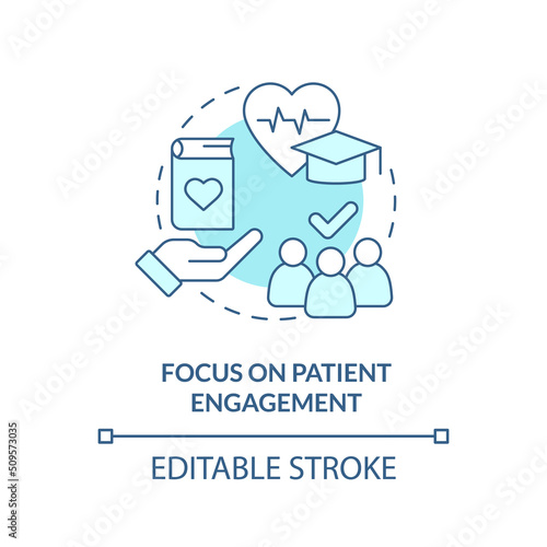 Focus on patient engagement turquoise concept icon. Healthcare system abstract idea thin line illustration. Isolated outline drawing. Editable stroke. Arial, Myriad Pro-Bold fonts used