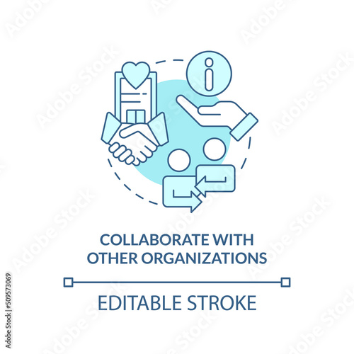 Collaborate with other organizations turquoise concept icon. Improving healthcare abstract idea thin line illustration. Isolated outline drawing. Editable stroke. Arial, Myriad Pro-Bold fonts used