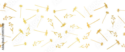 Golden floral plants border frame bottom horizontal seamless vector illustration. Faux metallic gold foil Silhouette flowers, leaves and stems decorated repeating pattern. Floral foliage garland.