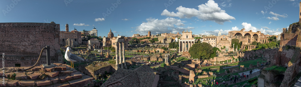 Panoramic photograph of the Roman Forum, Rome, Italy.