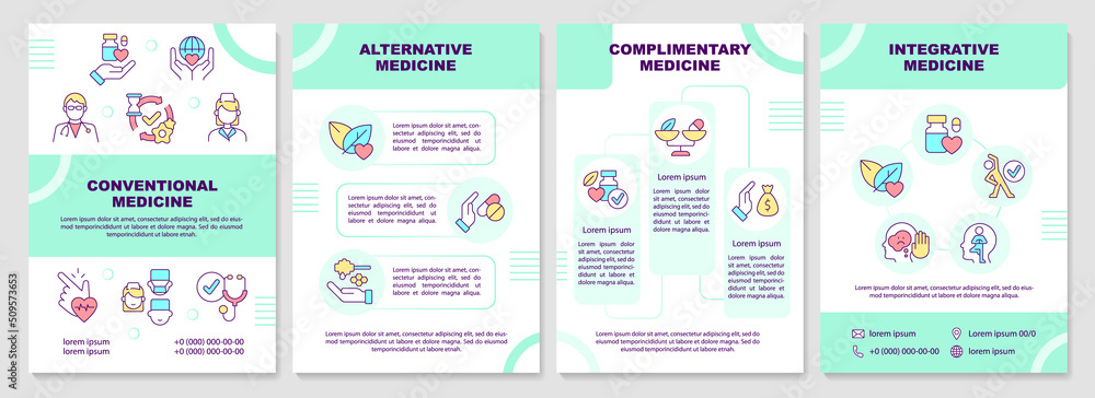 Non-mainstream healthcare approaches mint brochure template. Leaflet design with linear icons. Editable 4 vector layouts for presentation, annual reports. Arial-Black, Myriad Pro-Regular fonts used