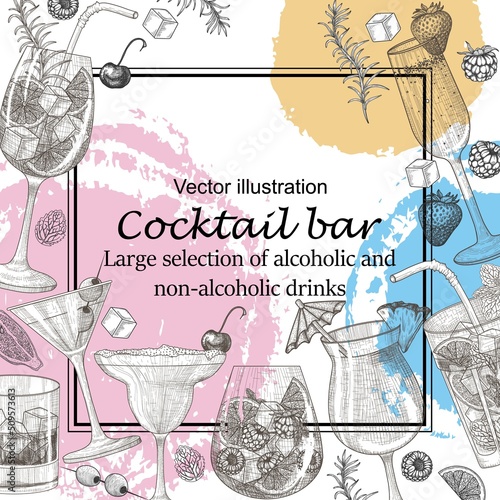 Vector template of cold drinks banner in engraving style. Graphic linear aperol spritz, mojito, strawberry champagne, berry cocktail, martini, iced whiskey, cherry margarita, pina colada