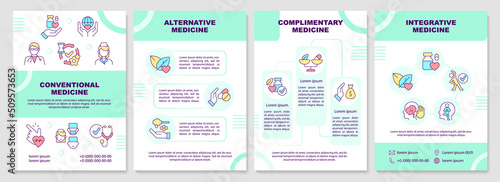 Non-mainstream healthcare approaches mint brochure template. Leaflet design with linear icons. Editable 4 vector layouts for presentation, annual reports. Arial-Black, Myriad Pro-Regular fonts used