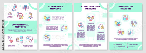 Non-mainstream healthcare approaches mint brochure template. Leaflet design with linear icons. Editable 4 vector layouts for presentation, annual reports. Arial-Black, Myriad Pro-Regular fonts used