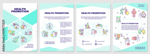 Health promotion mint brochure template. Increase awareness. Leaflet design with linear icons. Editable 4 vector layouts for presentation, annual reports. Arial-Black, Myriad Pro-Regular fonts used