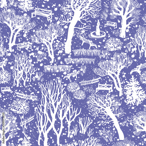 Winter seamless pattern with hand drawn covered trees in the snow in city park in doodle stile on very peri. Snowfall vector illustration for baby design, outwear fabric, wallpaper, Christmas package