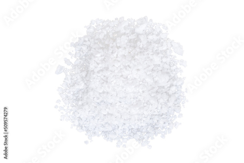 Closeup coarse or rock natural sea salt isolated on white background. Top view. 