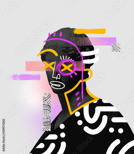 Contemporary art collage with antique black colored statue bust with neon drawings. Surreal style. Female eye element