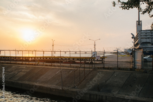Sunset in a city port