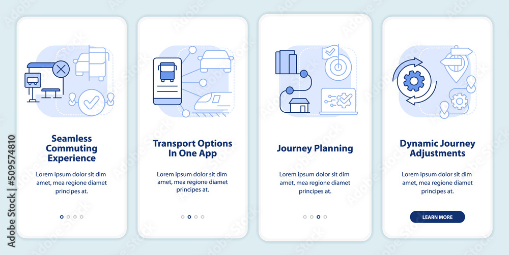 MaaS perks light blue onboarding mobile app screen. Mobility services walkthrough 4 steps editable graphic instructions with linear concepts. UI, UX, GUI template. Myriad Pro-Bold, Regular fonts used