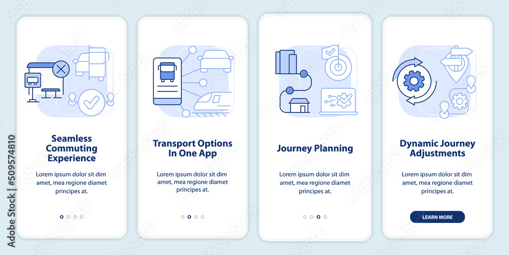 MaaS perks light blue onboarding mobile app screen. Mobility services ...