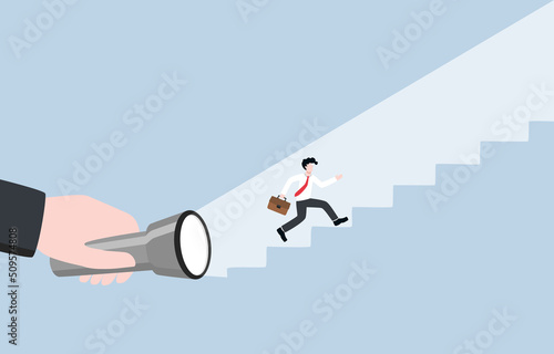 Mentorship to support employee career advancement, guidance for achievement, encouragement at work concept. Boss turning on flashlight to create staircase of success for employee.