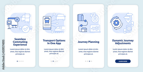 MaaS perks light blue onboarding mobile app screen. Mobility services walkthrough 4 steps editable graphic instructions with linear concepts. UI, UX, GUI template. Myriad Pro-Bold, Regular fonts used