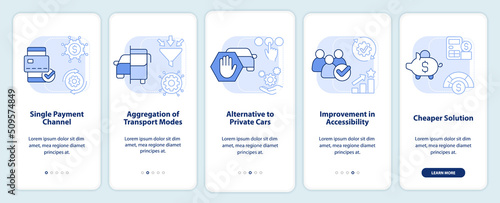 Mobility as service value light blue onboarding mobile app screen. Walkthrough 5 steps editable graphic instructions with linear concepts. UI, UX, GUI template. Myriad Pro-Bold, Regular fonts used