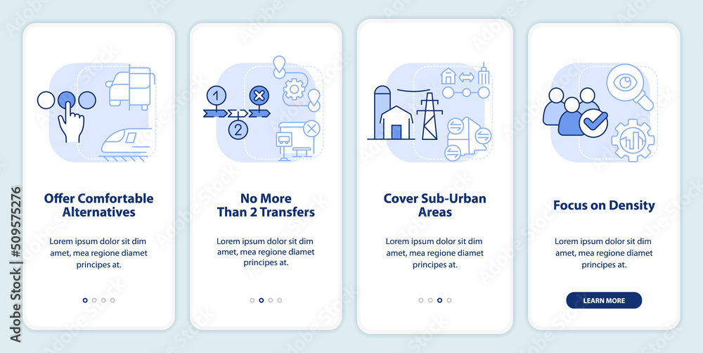 Building mobility services light blue onboarding mobile app screen. Walkthrough 4 steps editable graphic instructions with linear concepts. UI, UX, GUI template. Myriad Pro-Bold, Regular fonts used