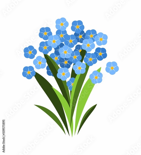 Bouquet of tender forget-me-nots in flat illustration style. Small blue flowers with spiky leaves. Botanical illustration in simple shapes.
