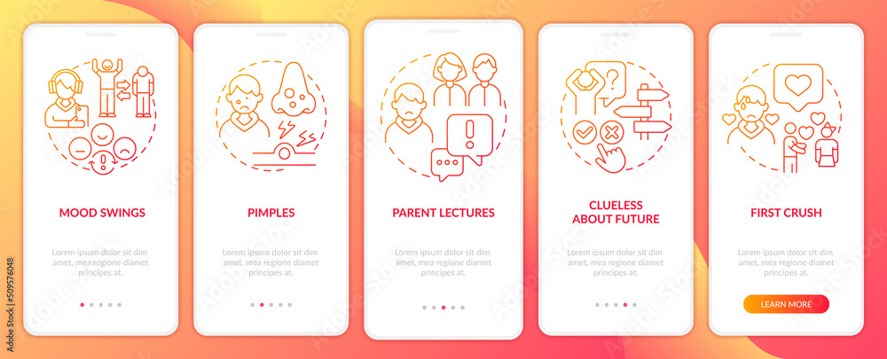 Main concerns facing teens red gradient onboarding mobile app screen. Walkthrough 5 steps graphic instructions with linear concepts. UI, UX, GUI template. Myriad Pro-Bold, Regular fonts used