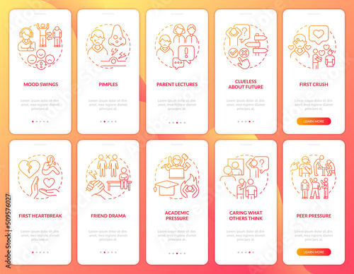 Difficulties of teenage life red gradient onboarding mobile app screen set. Walkthrough 5 steps graphic instructions with linear concepts. UI, UX, GUI template. Myriad Pro-Bold, Regular fonts used