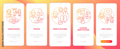 Main concerns facing teens red gradient onboarding mobile app screen. Walkthrough 5 steps graphic instructions with linear concepts. UI, UX, GUI template. Myriad Pro-Bold, Regular fonts used
