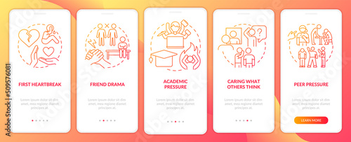 Common teenage issues red gradient onboarding mobile app screen. Friend drama walkthrough 5 steps graphic instructions with linear concepts. UI, UX, GUI template. Myriad Pro-Bold, Regular fonts used