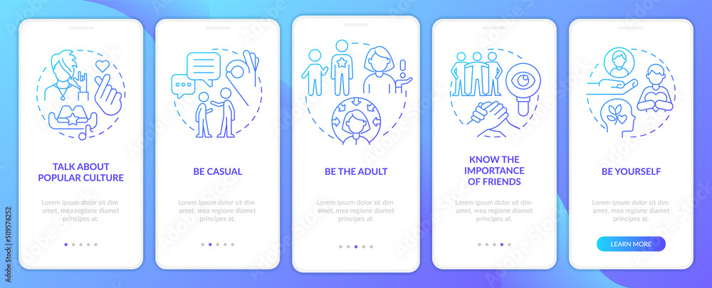 Coping with teenagers blue gradient onboarding mobile app screen. Be role model walkthrough 5 steps graphic instructions with linear concepts. UI, UX, GUI template. Myriad Pro-Bold, Regular fonts used