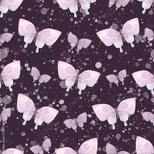 Delicate pink and lilac butterflies with splashes of paint. Watercolor illustration. Seamless pattern on a dark background. For textiles, fabrics, clothing design, cover design, wallpaper, paper.