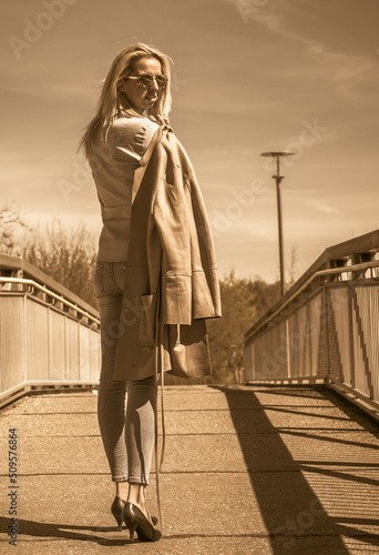 Wallpaper Mural Modern woman with city background with railing Torontodigital.ca
