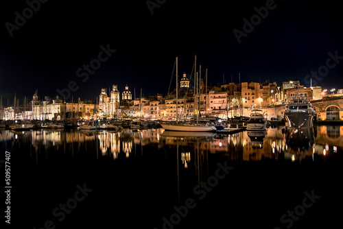 Silhouette and night reflections of the Valletta.Malta