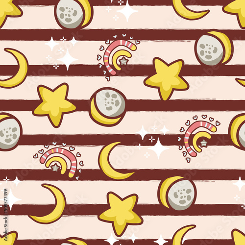 Cute Stars, Moon and Rainbow on Stripes Vector Seamless Pattern