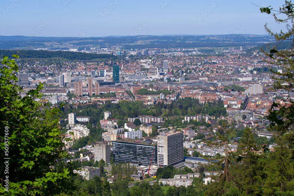 Aerial view of City of Zürich seen from local mountain Uetliberg on a sunny spring day. Photo taken May 18th, 2022, Zurich, Switzerland.