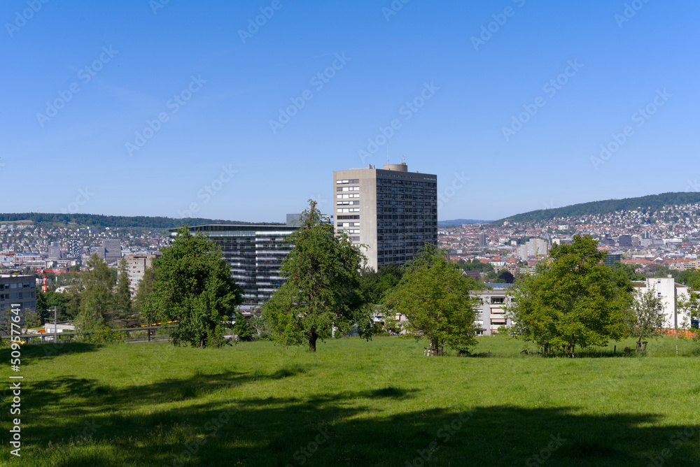 Apple trees with meadow and hospital buildings of Triemli Hospital at City of Zürich on a sunny spring day. Photo taken May 18th, 2022, Zurich, Switzerland.