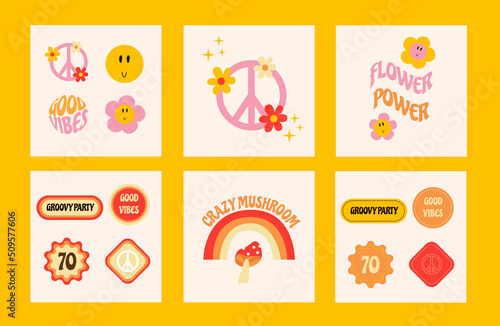 70s retro cards. Square retro cards. Daisy flower, retro stickers, peace symbol