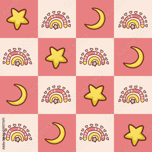 Cute Stars and Moon Checker Baby Vector Seamless Pattern