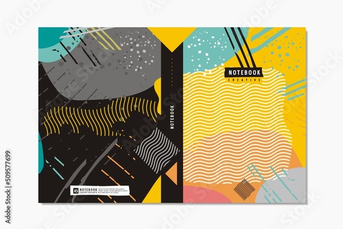 Abstract design template perfect for notebook cover, brochure, planner or page document. Funky colorful composition of vector design elements.