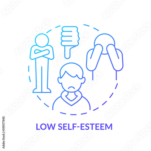 Low self-esteem blue gradient concept icon. Body image perception in teens abstract idea thin line illustration. Self-confidence development. Isolated outline drawing. Myriad Pro-Bold font used © bsd studio