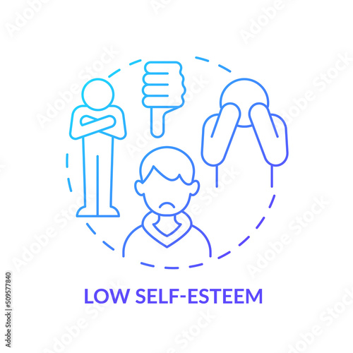 Low self-esteem blue gradient concept icon. Body image perception in teens abstract idea thin line illustration. Self-confidence development. Isolated outline drawing. Myriad Pro-Bold font used