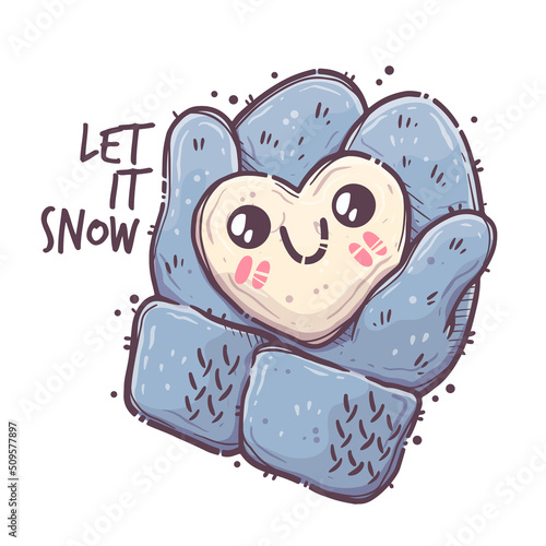 Woolen mittens with heart-shaped snowball. Magical Christmas character with cute face for posters, postcards, t-shirt prints. Let it snow - lettering quote. Vector hand drawn style illustration.