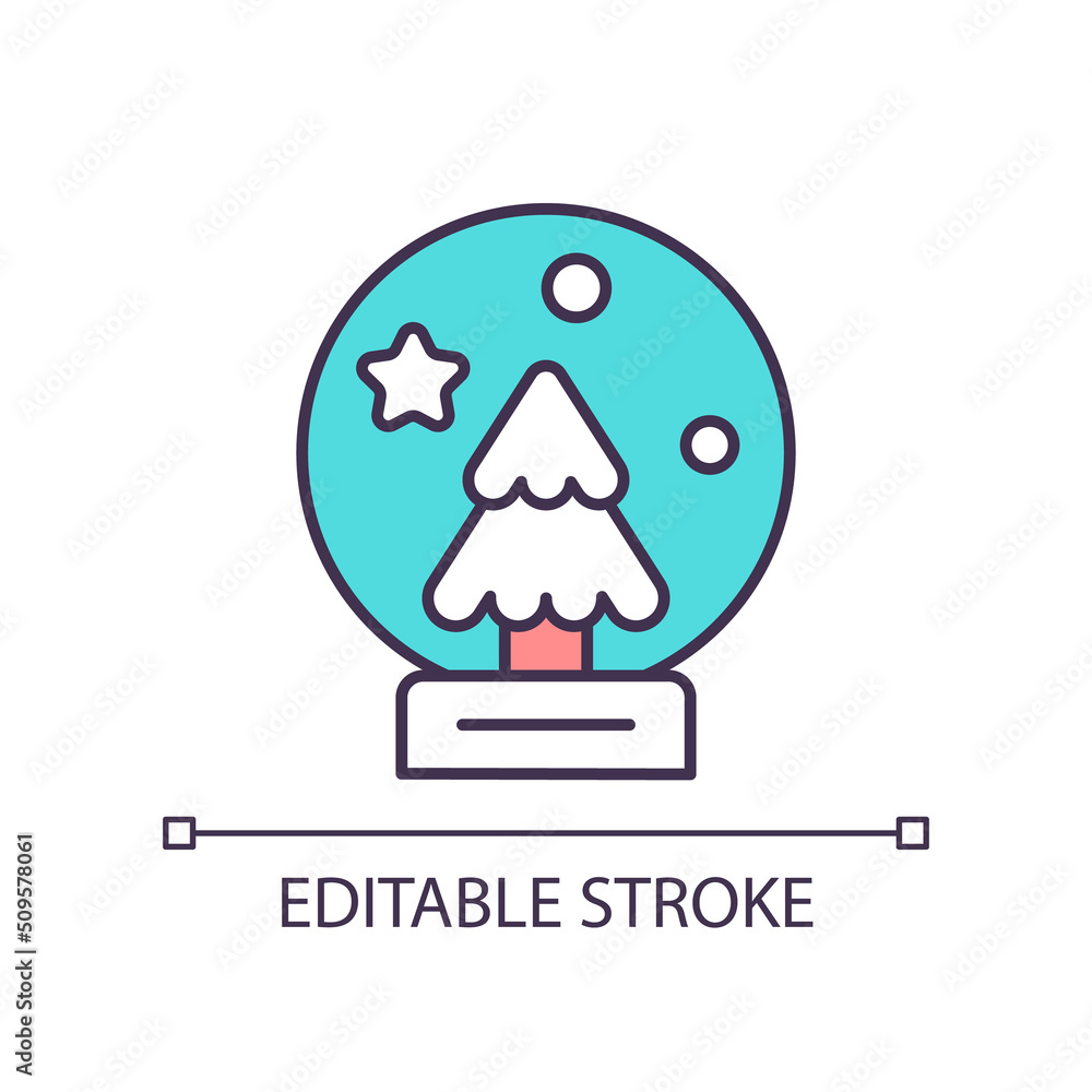 Obraz premium Souvenir RGB color icon. Crystal snow globe. Christmas decoration and present. Holiday gift. Isolated vector illustration. Simple filled line drawing. Editable stroke. Arial font used