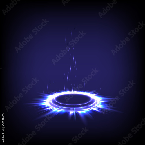 Sci-fi digital in glowing swirl universe trail effect. Hologram portal of luminous. Magic warp gate in game fantasy. Shining cosmic technology. Circle teleport podium. GUI, UI virtual reality users