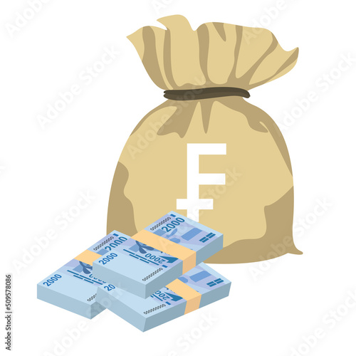 CFA Franc BCEAO Vector Illustration. West African Frank money set bundle banknotes. Money bag 2000 Fr. Flat style. Isolated on white background. Simple minimal design. photo