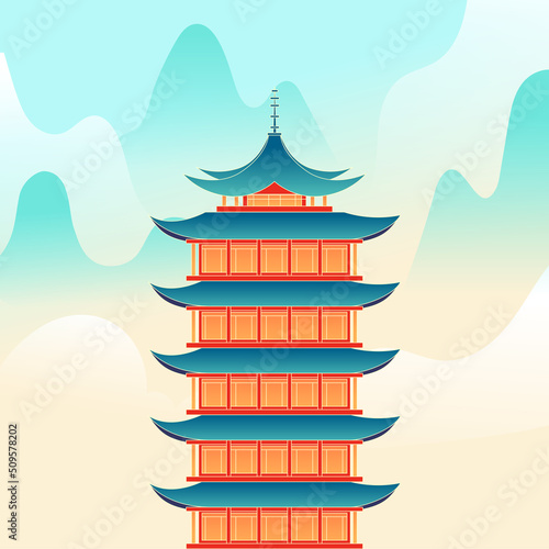 People travel on vacation with various plants and buildings in the background, vector illustration, Chinese translation: Summer Solstice