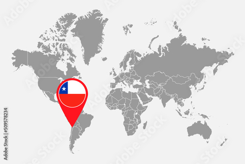 Pin map with Chile flag on world map. Vector illustration.