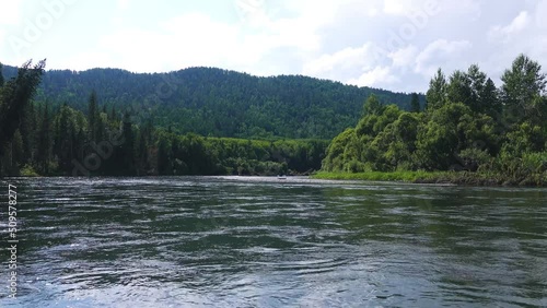 Huge 30-meter Siberian spruce trees were washed away by river during spring flood, and islands are now, loss of forests. Power of water, undercut slope, stream bank erosion photo