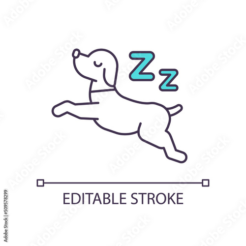 Sleeping dog RGB color icon. Domestic animal. Lovely pet and friend. Adorable and cute creature. Isolated vector illustration. Simple filled line drawing. Editable stroke. Arial font used
