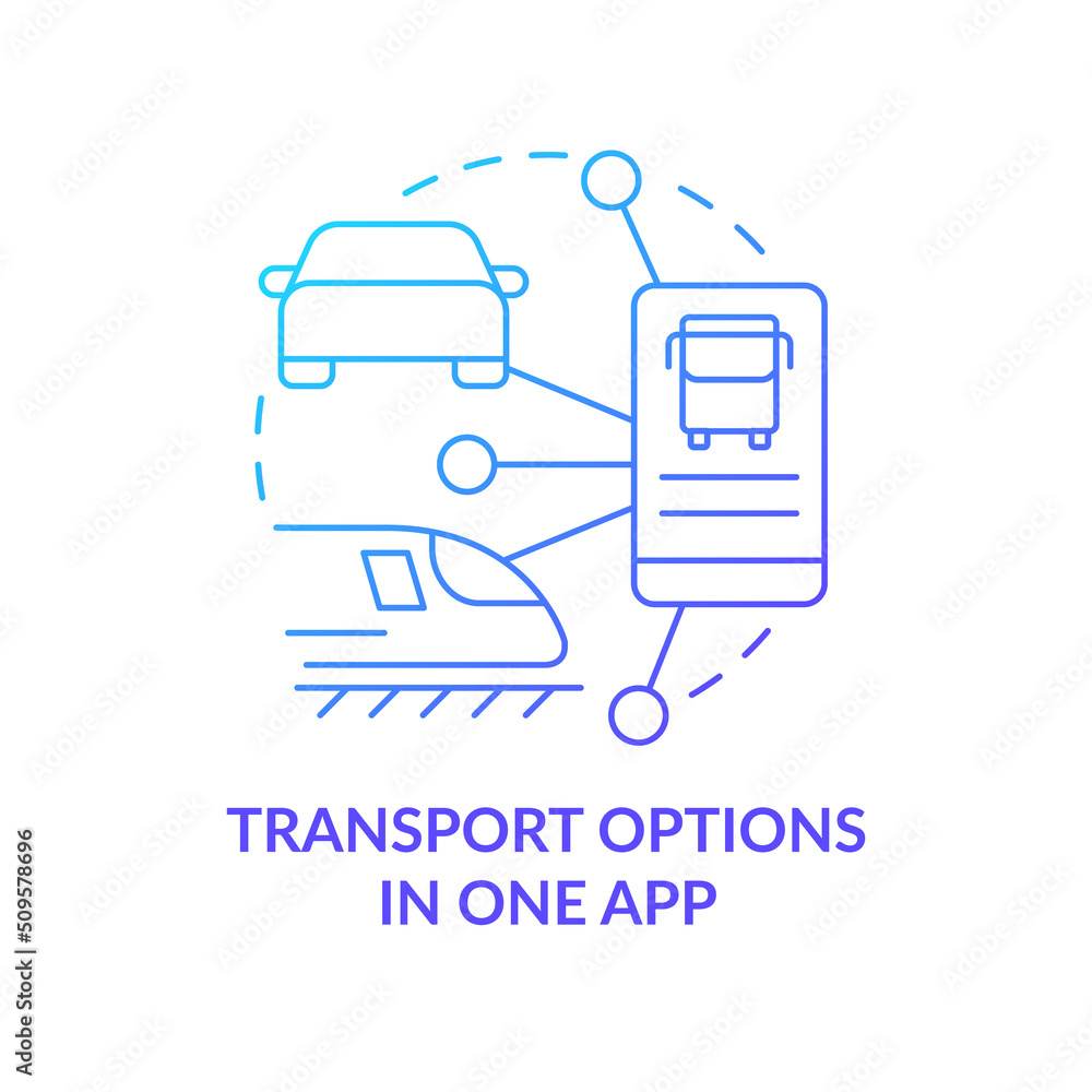 Transport options in one app blue gradient concept icon. Mobile phone application. Maas perk abstract idea thin line illustration. Isolated outline drawing. Myriad Pro-Bold font used Transport options in one app blue gradient concept icon. Mobile phone application. Maas perk abstract idea thin line illustration. Isolated outline drawing. Myriad Pro-Bold font used