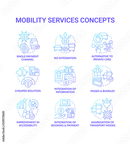 Mobility as service blue gradient concept icons set. Urban infrastructure. Transport services. Maas idea thin line color illustrations. Isolated symbols. Roboto-Medium, Myriad Pro-Bold fonts used