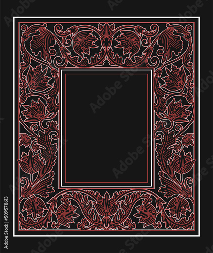 Vector frame as traditional ukrainian embroidery vyshyvanka decoration, red and white folk floral ornament on black background, embroidered copy space design element